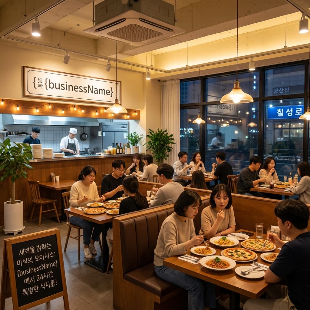 새벽을 밝히는 미식의 오아시스: {businessName}에서 24시간 특별한 식사를!